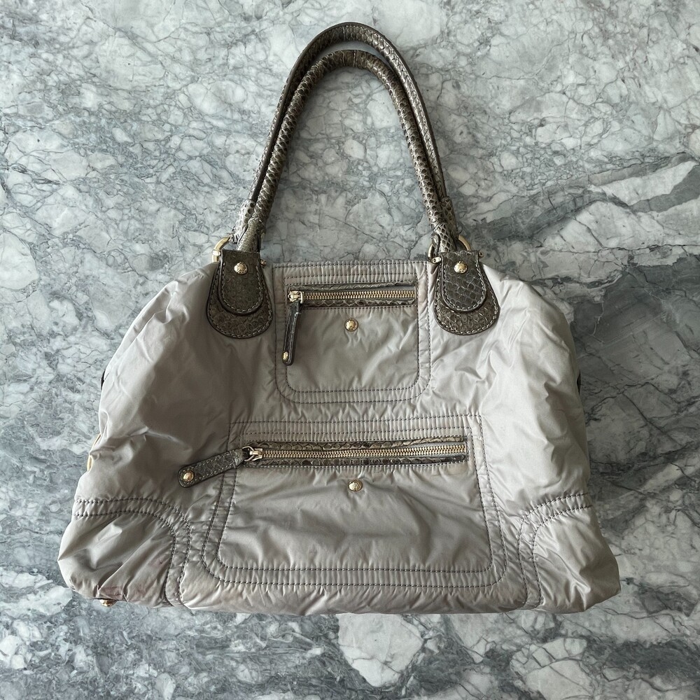 Tod's Nylon and Snakeskin Leather Top Handle Tote Shoulder Bag Grey
